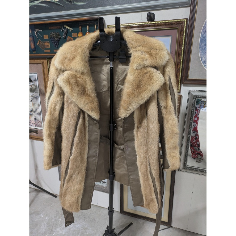 Joan Hoffa Vintage Fur and Leather Belted Coat Tan Taupe Mid-Length Jacket